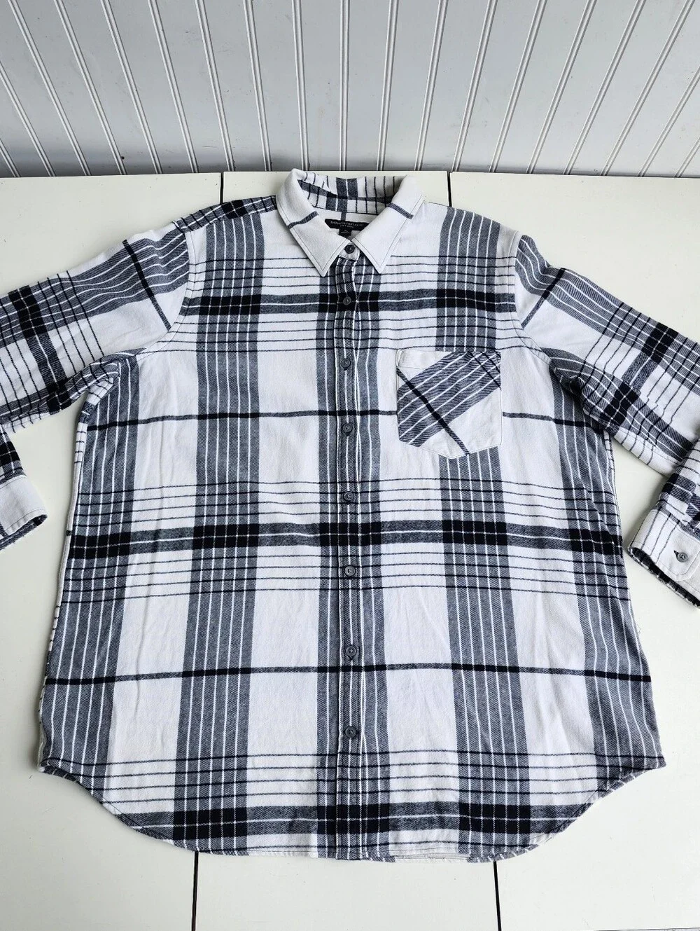 Banana Republic Soft Wash Flannel  Plaid White Black Shirt Mens Long Sleeve XL